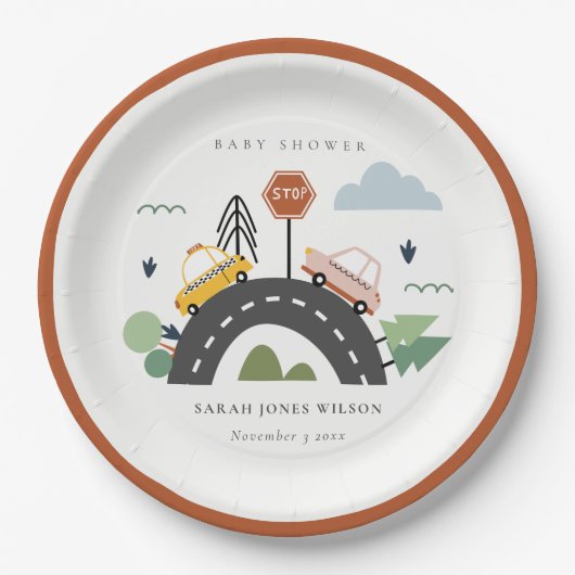 かわいい都市車の道路の街並み赤ちゃんシャワー ペーパープレート (正面)