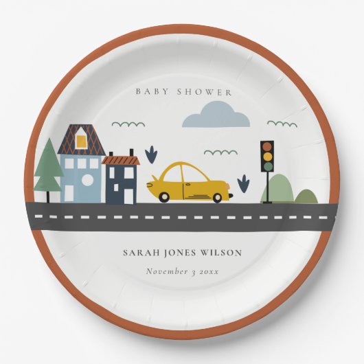 かわいい都市車の道路の街並み赤ちゃんシャワー ペーパープレート (正面)