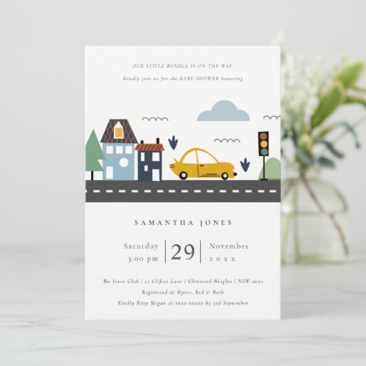 かわいい都市車の道路ベビーシャワー招待状 サンキューカード (スタンド正面)
