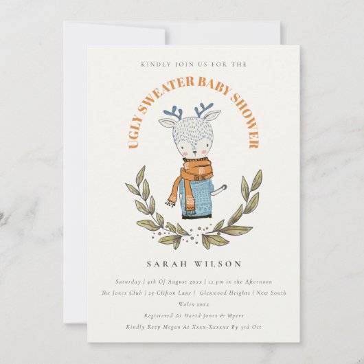 かわいい醜いセーターの葉トナカイ赤ちゃんシャワー招待状 サンキューカード (正面)