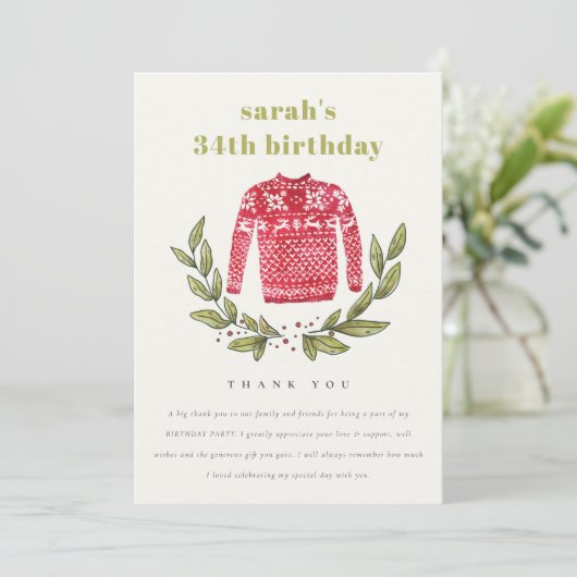 かわいい醜いセーター冬の赤任意の年齢誕生日 サンキューカード (スタンド正面)