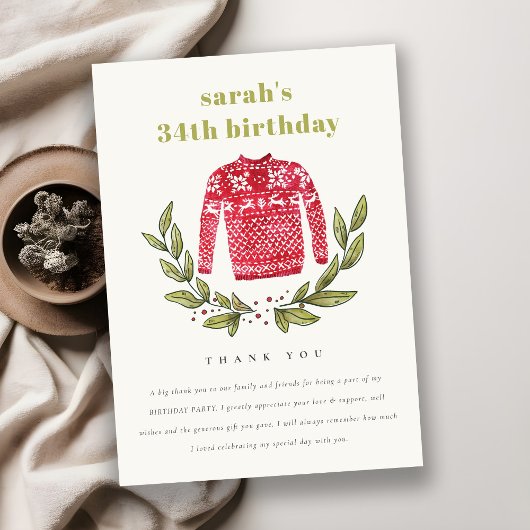 かわいい醜いセーター冬の赤任意の年齢誕生日 サンキューカード