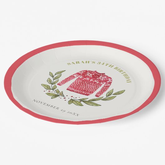 かわいい醜いセーター冬の赤任意の年齢誕生日 ペーパープレート (アングル)