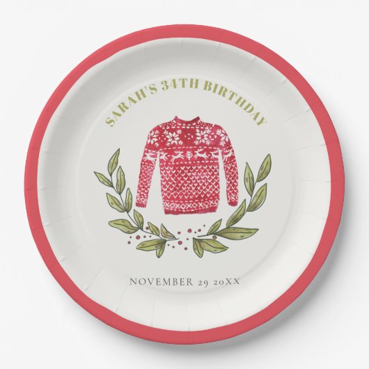 かわいい醜いセーター冬の赤任意の年齢誕生日 ペーパープレート (正面)