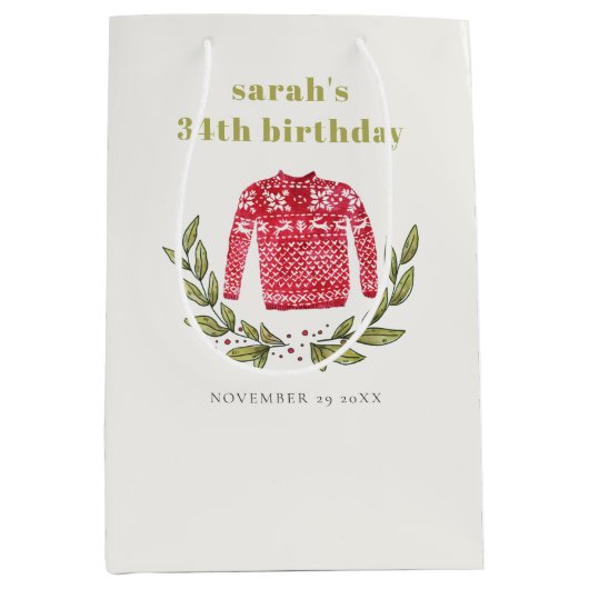 かわいい醜いセーター冬の赤任意の年齢誕生日 ミディアムペーパーバッグ (正面)