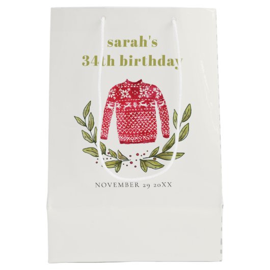 かわいい醜いセーター冬の赤任意の年齢誕生日 ミディアムペーパーバッグ (裏面)
