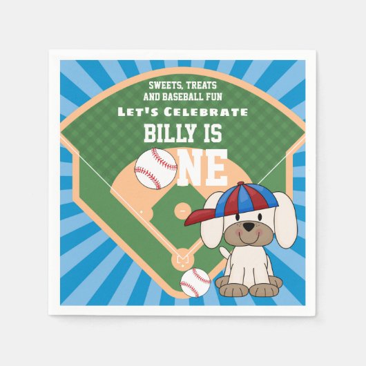 かわいい野球おもしろい子犬1日の誕生日 スタンダードカクテルナプキン (正面)