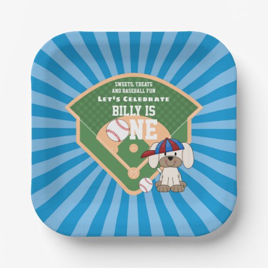 かわいい野球おもしろい子犬1日の誕生日 ペーパープレート (正面)