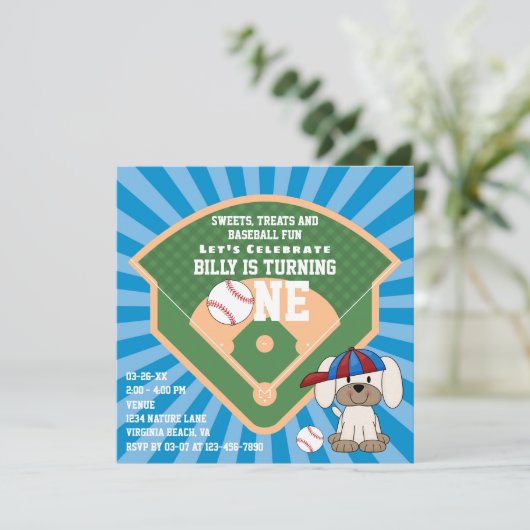 かわいい野球おもしろい子犬1日の誕生日 招待状 (スタンド正面)