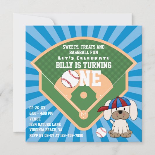 かわいい野球おもしろい子犬1日の誕生日 招待状 (正面)