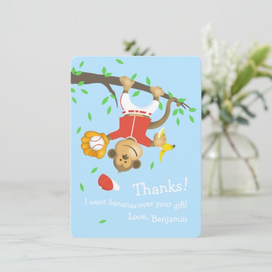 かわいい野球のサルの誕生日パーティー サンキューカード (スタンド正面)