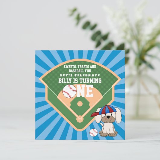かわいい野球の子犬の誕生日 招待状 (スタンド正面)