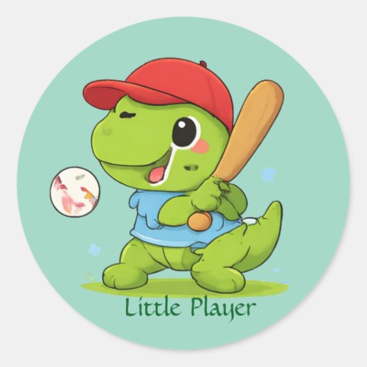 かわいい野球の恐竜 ティラノサウルス スポーツイラスト ラウンドシール (正面)