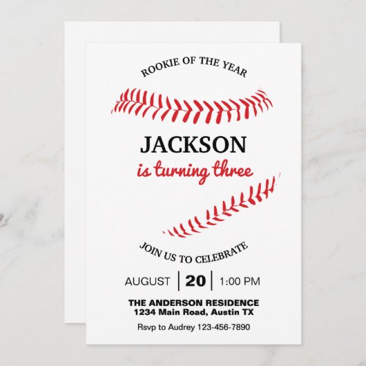 かわいい野球の誕生日パーティー 招待状 (正面/裏面)