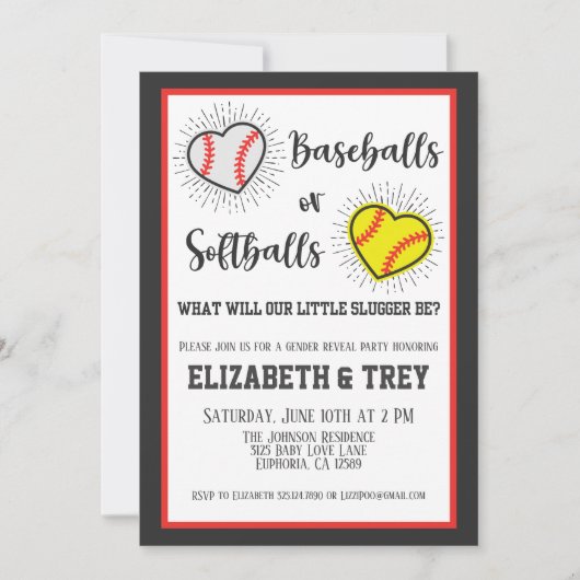 かわいい野球やソフトボールの性別が明らかになる 招待状 (正面)