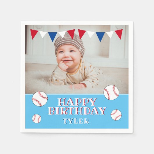 かわいい野球ブルーキッズフォトバースデーパーティー スタンダードカクテルナプキン (正面)