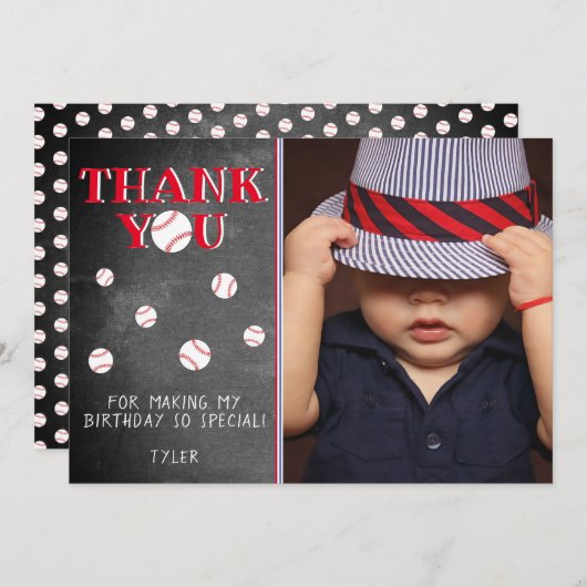かわいい野球ボール黒板スポーツ誕生日写真 サンキューカード (正面/裏面)