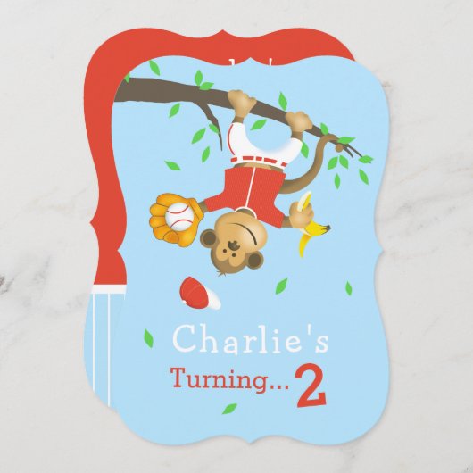 かわいい野球モンキーボーイズ誕生日パーティー 招待状 (正面/裏面)