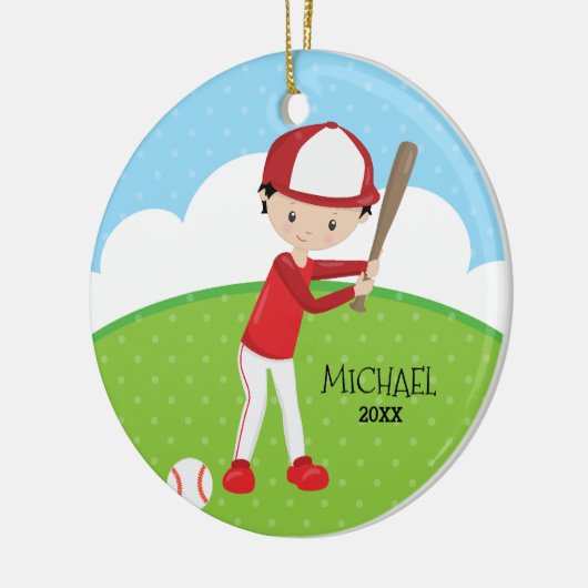 かわいい野球選手のパーソナライズなクリスマス セラミックオーナメント (左)