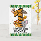 かわいい野生のサファリ·ジャングル動物第一誕生日 カード (黄色い花)