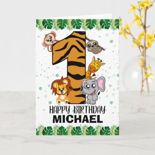 かわいい野生のサファリ·ジャングル動物第一誕生日 カード (黄色い花)