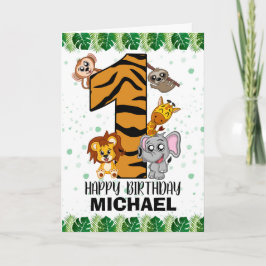 かわいい野生のサファリ·ジャングル動物第一誕生日 カード