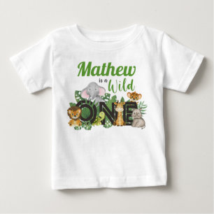 かわいい野生のジャングルサファリ動物ファースト誕生日 ベビーTシャツ