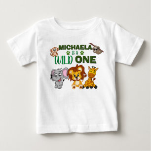 かわいい野生のジャングルサファリ動物ファースト誕生日 ベビーTシャツ