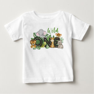 かわいい野生のジャングルサファリ動物ファースト誕生日 ベビーTシャツ