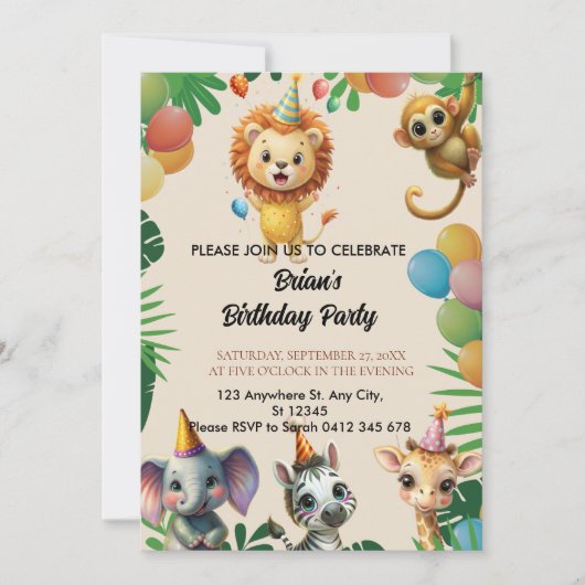 かわいい野生のジャングルサファリ動物子供の誕生日 招待状 (正面)