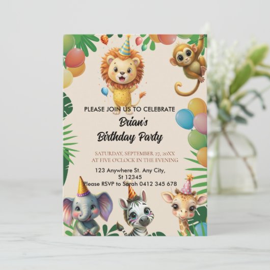 かわいい野生のジャングルサファリ動物子供の誕生日 招待状 (スタンド正面)