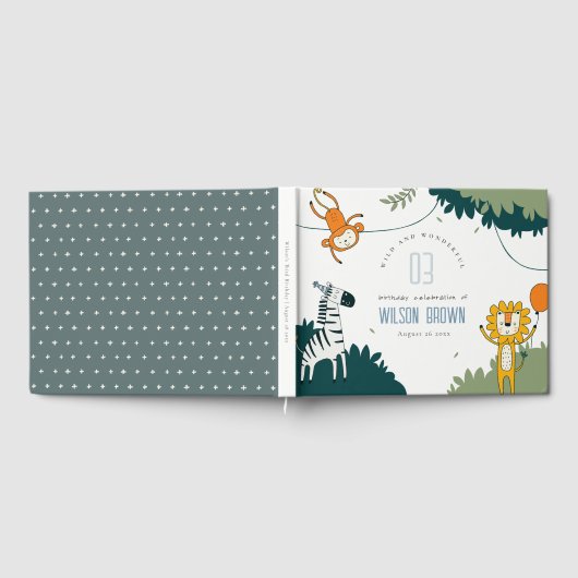 かわいい野生のジャングル動物の子供たち任意の年齢誕生日 ゲストブック (全面)