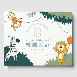 かわいい野生のジャングル動物の子供たち任意の年齢誕生日 ゲストブック