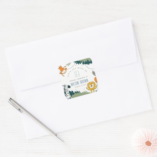 かわいい野生のジャングル動物の子供たち任意の年齢誕生日 スクエアシール (封筒)