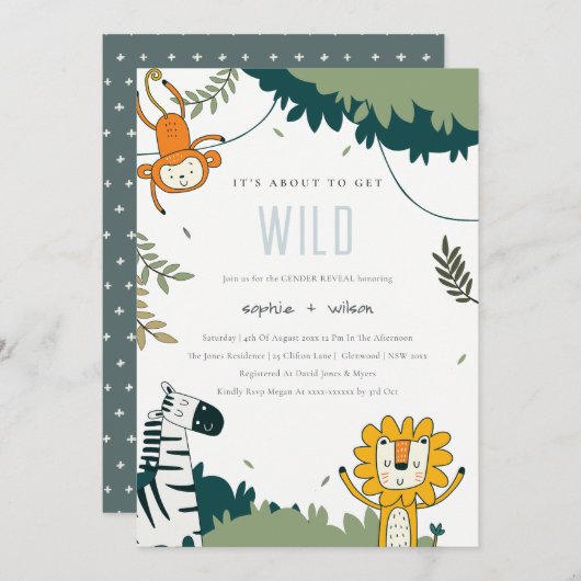 かわいい野生のジャングル動物ジェンダーが招待状 サンキューカード (正面/裏面)