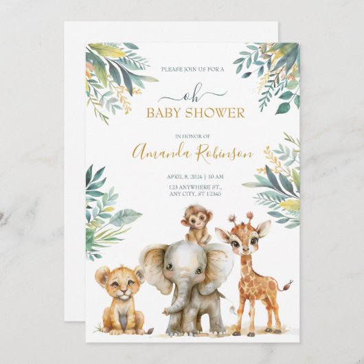 かわいい野生のジャングル動物 招待状 (正面/裏面)