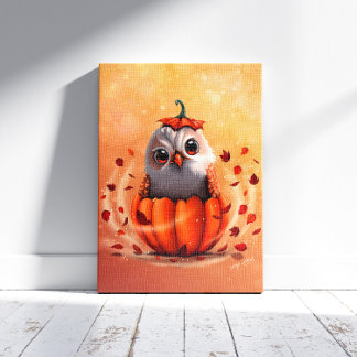 かわいい野生のフクロウたち : 秋の森 キャンバスプリント