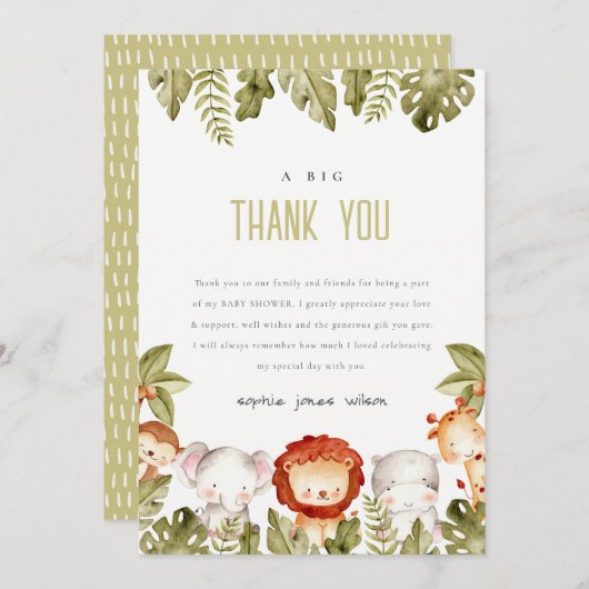 かわいい野生の熱帯サファリ動物の赤ちゃんシャワー サンキューカード (正面/裏面)