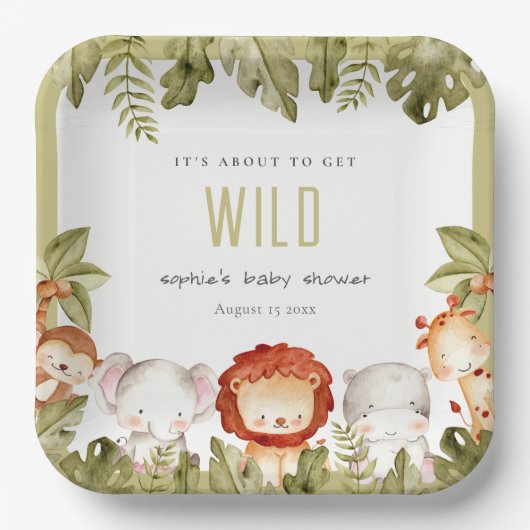 かわいい野生の熱帯サファリ動物の赤ちゃんシャワー ペーパープレート (正面)