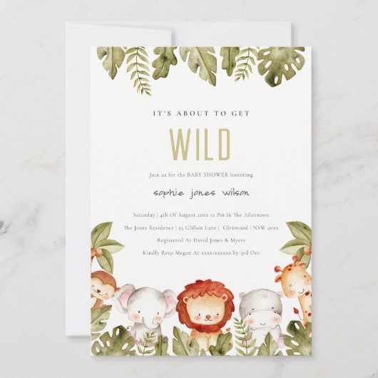 かわいい野生の熱帯サファリ動物の赤ちゃんシャワー 招待状 (正面)