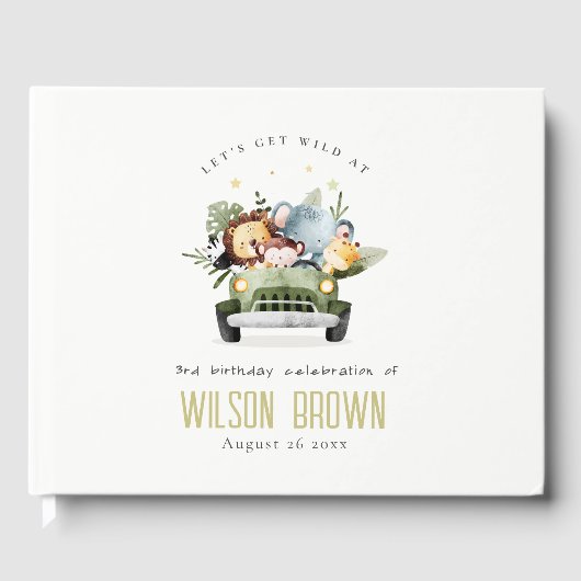 かわいい野生の熱帯ジャングル動物in車の誕生日 ゲストブック (正面)