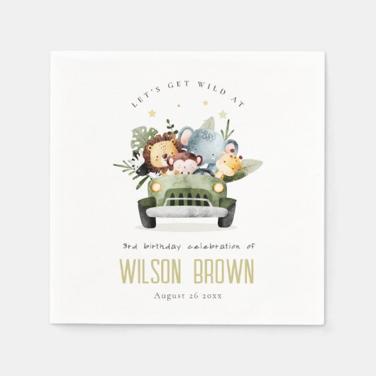 かわいい野生の熱帯ジャングル動物in車の誕生日 スタンダードカクテルナプキン (正面)