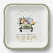 かわいい野生の熱帯ジャングル動物in車の誕生日 ペーパープレート (正面)