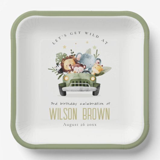 かわいい野生の熱帯ジャングル動物in車の誕生日 ペーパープレート (正面)