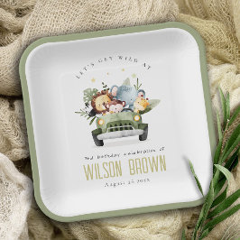 かわいい野生の熱帯ジャングル動物in車の誕生日 ペーパープレート