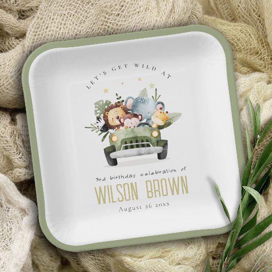 かわいい野生の熱帯ジャングル動物in車の誕生日 ペーパープレート