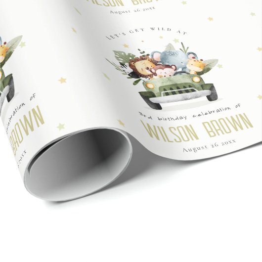 かわいい野生の熱帯ジャングル動物in車の誕生日 ラッピングペーパー (ロールコーナー)