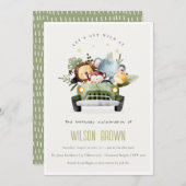 かわいい野生の熱帯ジャングル動物in車の誕生日 招待状 (正面/裏面)