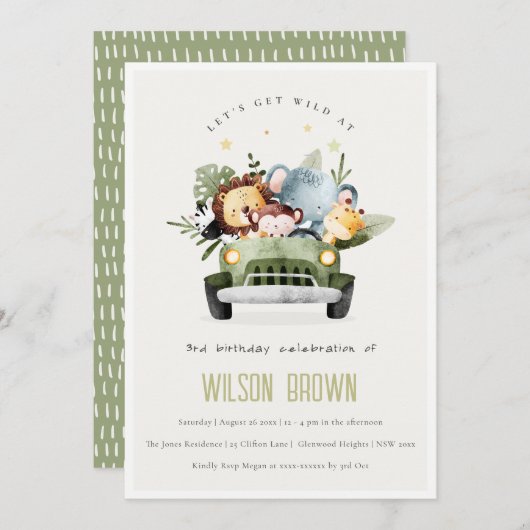 かわいい野生の熱帯ジャングル動物in車の誕生日 招待状 (正面/裏面)