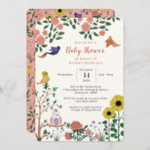 かわいい野生の花と鳥茶パーティー赤ちゃんシャワー 招待状 (正面/裏面)
